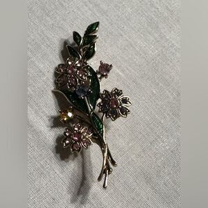 Vintage Enamel Pink Stone  Floral Bouquet Brooch Pin